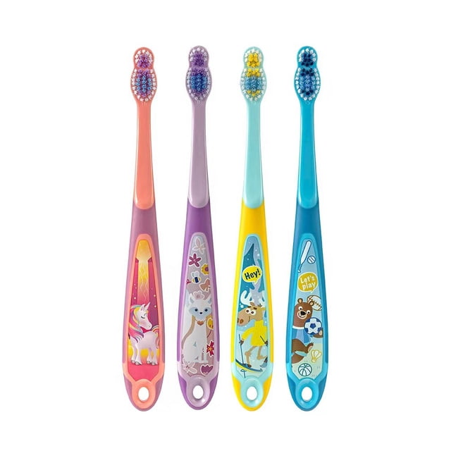 Cepillo dental infantil 4 unidades Cerdas suaves Doble mango ergonómico Rosa y Azul