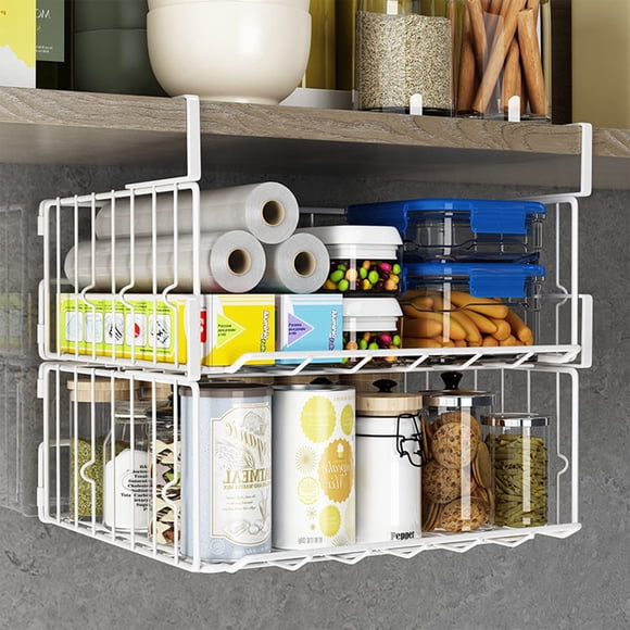 Under Shelf Storage Baskets, Foldable Metal Under Cabinet Basket Wire Rack Storage Shelf for Kitchen Cabinets Pantries Bookshelves Desk, Space-Saving