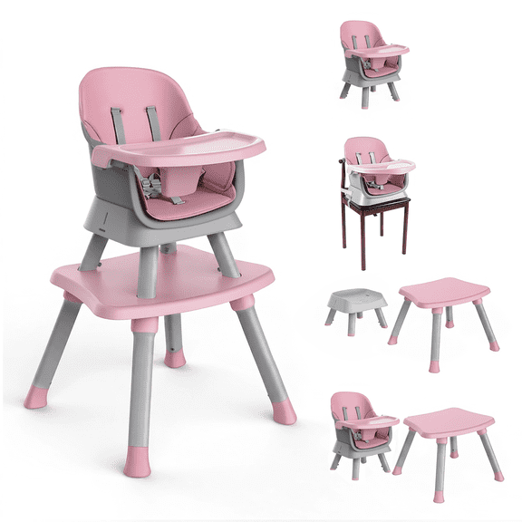 Minikins 7 in 1 High Chair, Convertible High Chairs for Babies and Toddlers, Infant Dining Booster Seat, Table and Seat Set, Removable Tray, Pink
