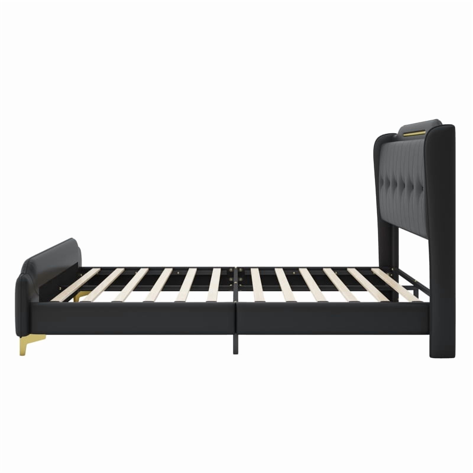 [Luckynote]Queen Size Leather Bed frame with Wingback Headboard & Footboard, PU Upholstered Platform bed, Solid Wooden Slats Support, Easy Assembly
