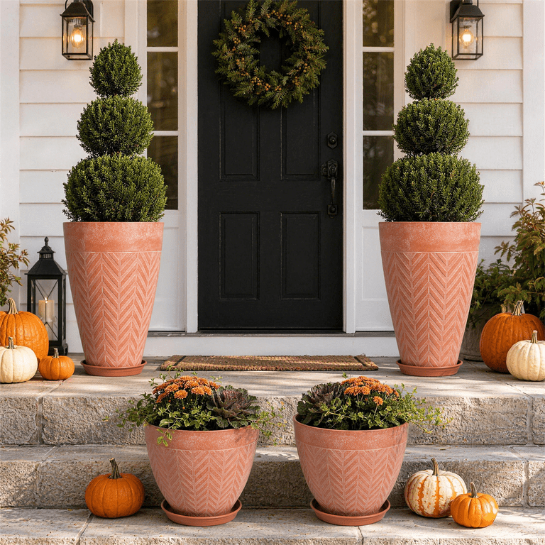 4-Piece Faux Terracotta Tall Planters With Herringbone Texture photo 4