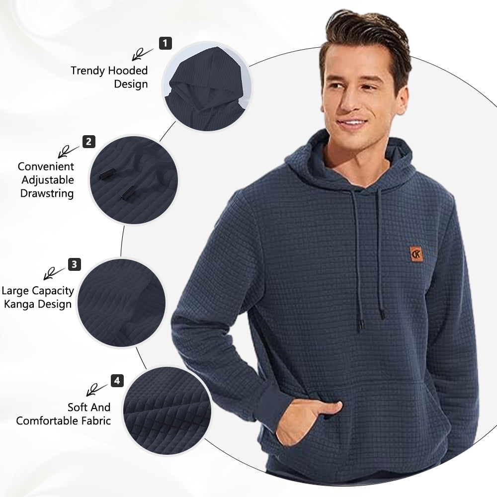 Satankud Men's Pullover Hoodies Plaid Jacquard Weave Long Sleeve Drawstring Hipster Casual Hooded Sweatshirts with Kanga Navyblue M
