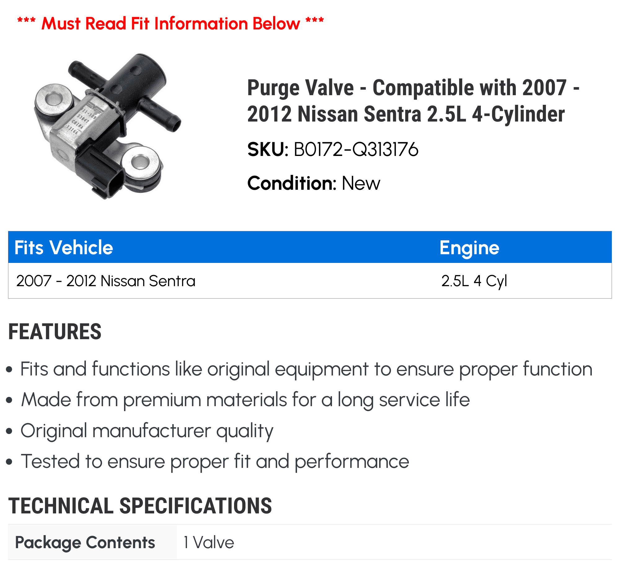 Purge Valve - Compatible with 2007 - 2012 Nissan Sentra 2.5L 4-Cylinder 2008 2009 2010 2011