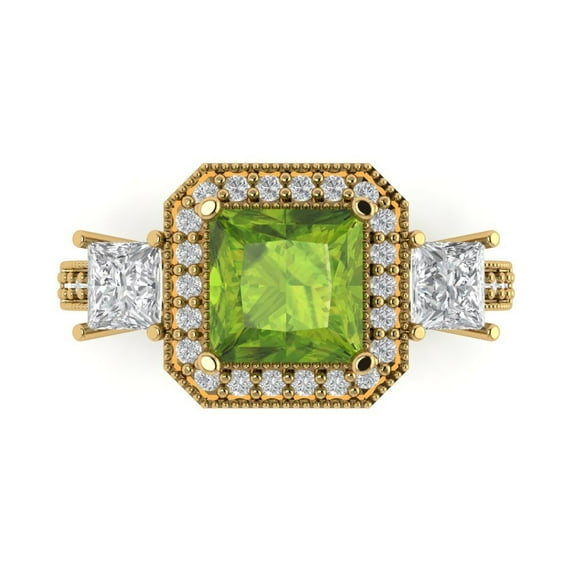 3.005 ct Princess Cut Natural Peridot 3 Stone 14K Yellow Gold Womens Engagement Ring