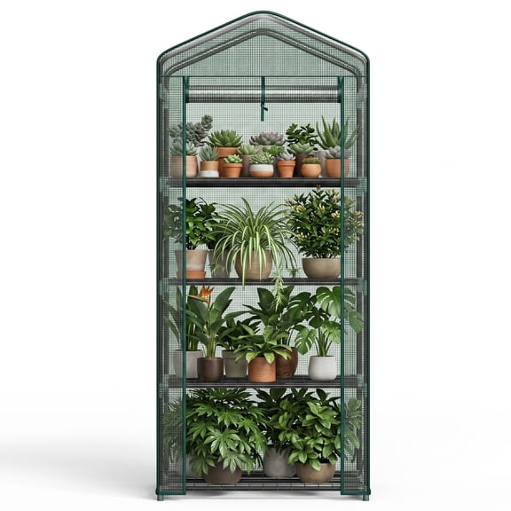 JIOABL 4-Tier Mini Greenhouse with PE Cover, Portable Plant Grow House with Zipper Door & Steel Frame for Indoor Outdoor Garden, Green
