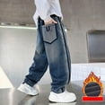 thumbnail image 2 of NOLDARES Boys Straight Leg Baggy Jeans Kids Elastic Waist Drawstring Wide Leg Denim Pants with Pockets (Blue,11-12 Years), 2 of 8