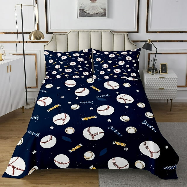 YST Baseballs Quilt Set King Size,Blue and White Baseball Kids Coverlet Set,3Pcs Bedspread Set with 2 Pillowcases,Soft and Durable,for All Seasons