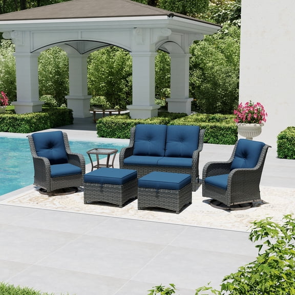 Joyside 6 Piece Wicker Patio Set with 2-Seat Loveseat Sofa, 2 Swivel Rocker Chairs, 2 Ottomans & Side Table, Outdoor Furniture Sectional Conversation Set for Deck Porch, DarkBlue