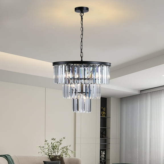 Coowa 20 Inch Luxury 3 Tier Crystal Chandelier 7 Light Black Frame Modern Pendant Ceiling Light Fixture for Living Room Dining Room Bedroom Foyer (E12 Bulbs Not Included)