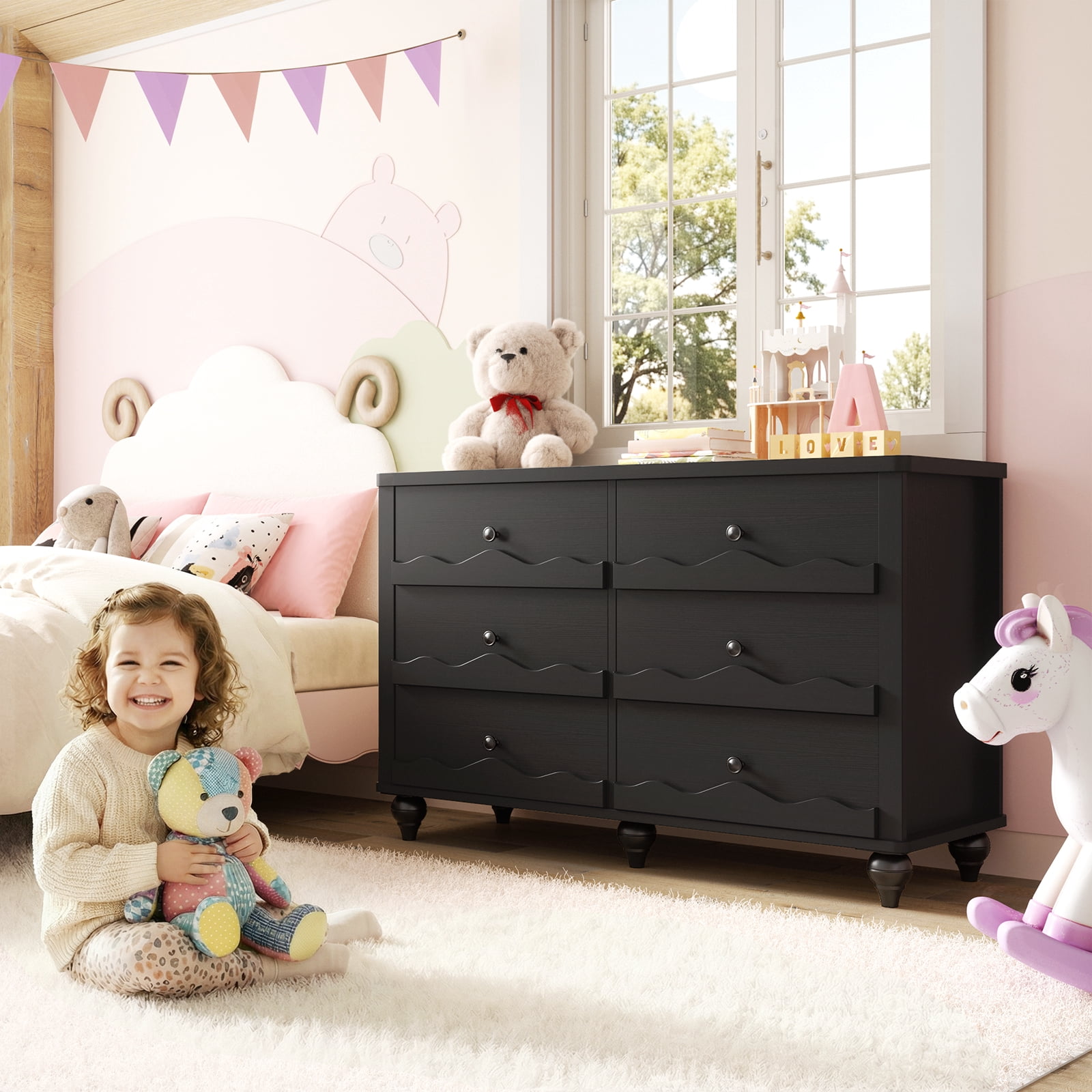 Homieasy 6-Drawer Dresser for Bedroom - 43" Modern Chest of Drawers with Scalloped Front, Storage Organizer for Living Room, Hallway & Entryway,Black