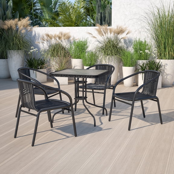 Emma Oliver 4 Pack Black Rattan Indoor-Outdoor Restaurant Stack Chair with Curved Back