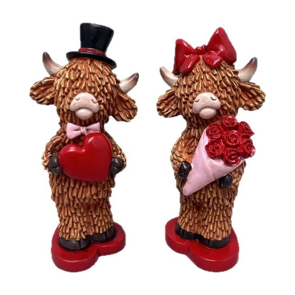 Shadoumai Valentines Highland Cow Decor, Cute Romantic Brown Calf Resin Handmade Figurines for Tiered Tray Table Home Decor, Valentines Gifts for Him Her Wedding Anniversary