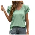 thumbnail image 1 of Womens T Shirt 2025 Summer Solid Color V Neck Double Ruffled Sleeve Loose Top T Shirt Oversized Tshirts Green XL, 1 of 4