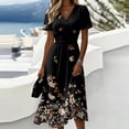 thumbnail image 2 of Boho Floral Print A Line Midi Casual Dress Women's V Neck Short Sleeve Dress Summer Outfit Flowy Lightweight Party Wear Vacation Retro Chic Black L, 2 of 6