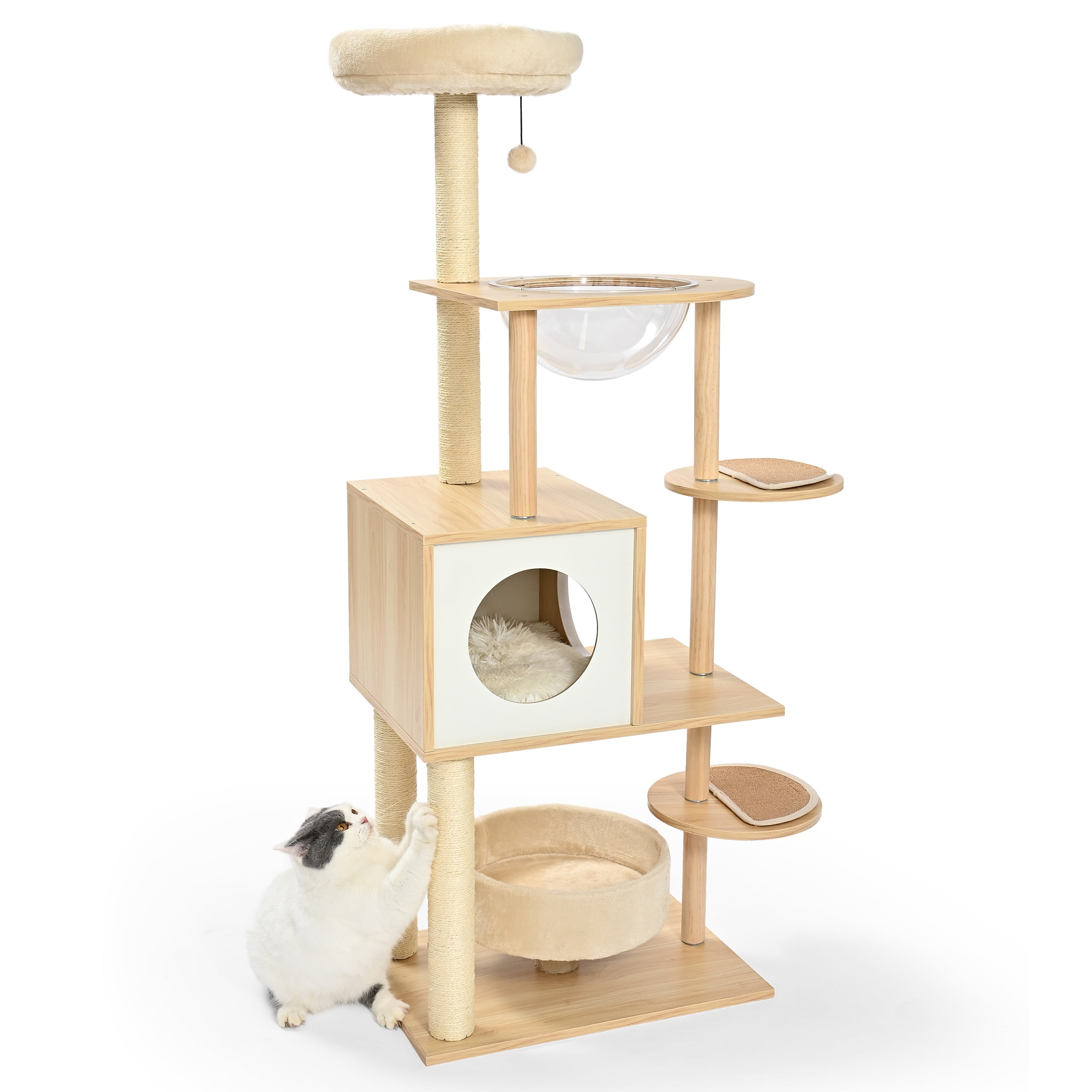 Vibrant Life 7-Level 58" Natural Wood Cat Tree with Condo and Acrylic Hammock, Beige
