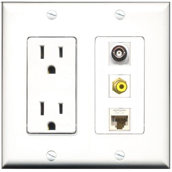 RiteAV - 15 Amp Power Outlet 1 Port RCA Yellow 1 Port BNC 1 Port Cat6 Ethernet Ethernet White Decorative Wall Plate