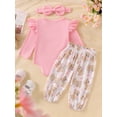 thumbnail image 3 of Suealasg 3Pcs Newborn Baby Girls Fall Outfits Clothes Set 3 6 9 12 18 Months Infant Girls Crew Neck Long Sleeve Bear Print Romper Long Pants Headband Set, 3 of 8