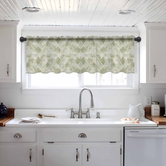 Sage Green Geometric Valance Curtains for Kitchen/Living Room/Bathroom/Bedroom Window, Modern Morocco Abstract Art Rod Pocket Small Topper Half Short Window Curtains Voile Sheer Scarf 60"x18"