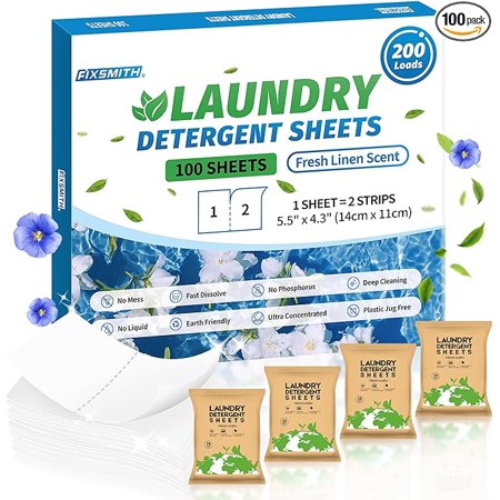 FIXSMITH Laundry Detergent Sheets - 200 Loads (100 Sheets) Fresh Linen Scent - Hypoallergenic,Eco Friendly Laundry Detergent Strips Ultra-Concentrated Travel Detergent Sheets.Plastic-Free,Liquidless