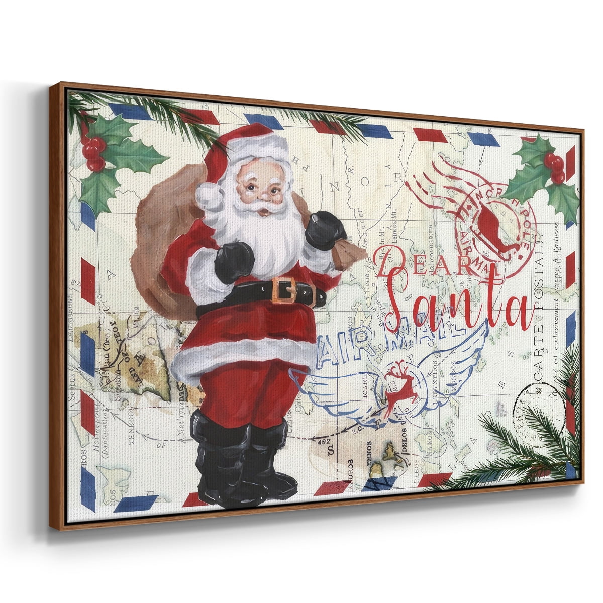 Christmas Par Avion Collection A - Framed Gallery Wrapped Holiday Canvas - 17 x 25 - Rosewood Frame