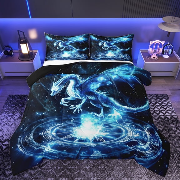 Homewish Jungle Dragon Bedding Comforter Set,Western Fantasy Animal Twin Comforter Sets,Blue Black Bedding Set For Teens,Microfiber Bedroom Decor Reversible,2 Pieces