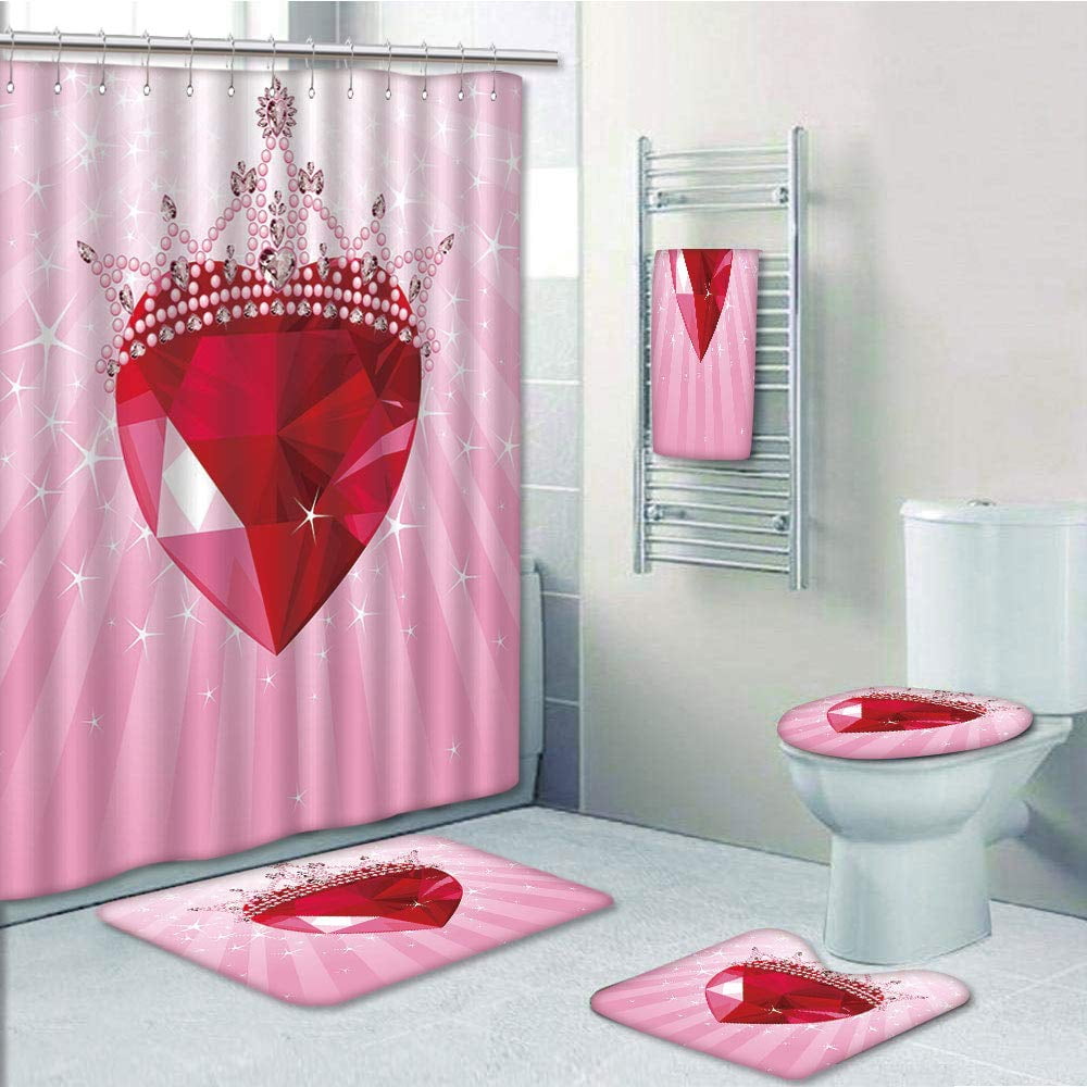 Red Heart Shaped Note Shower Curtain Toilet Cover Rug Bath Mat Contour Rug Set 