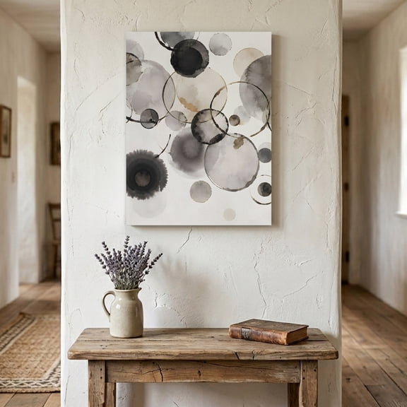 Gray Circles Canvas Wall Art for Living Room Bedroom Bathroom, Ink Art Minimalist Abstract Watercolor Modern Beige Canvas Art Wall Decor, Artwork for Walls Home Office Decor, 11"x14"