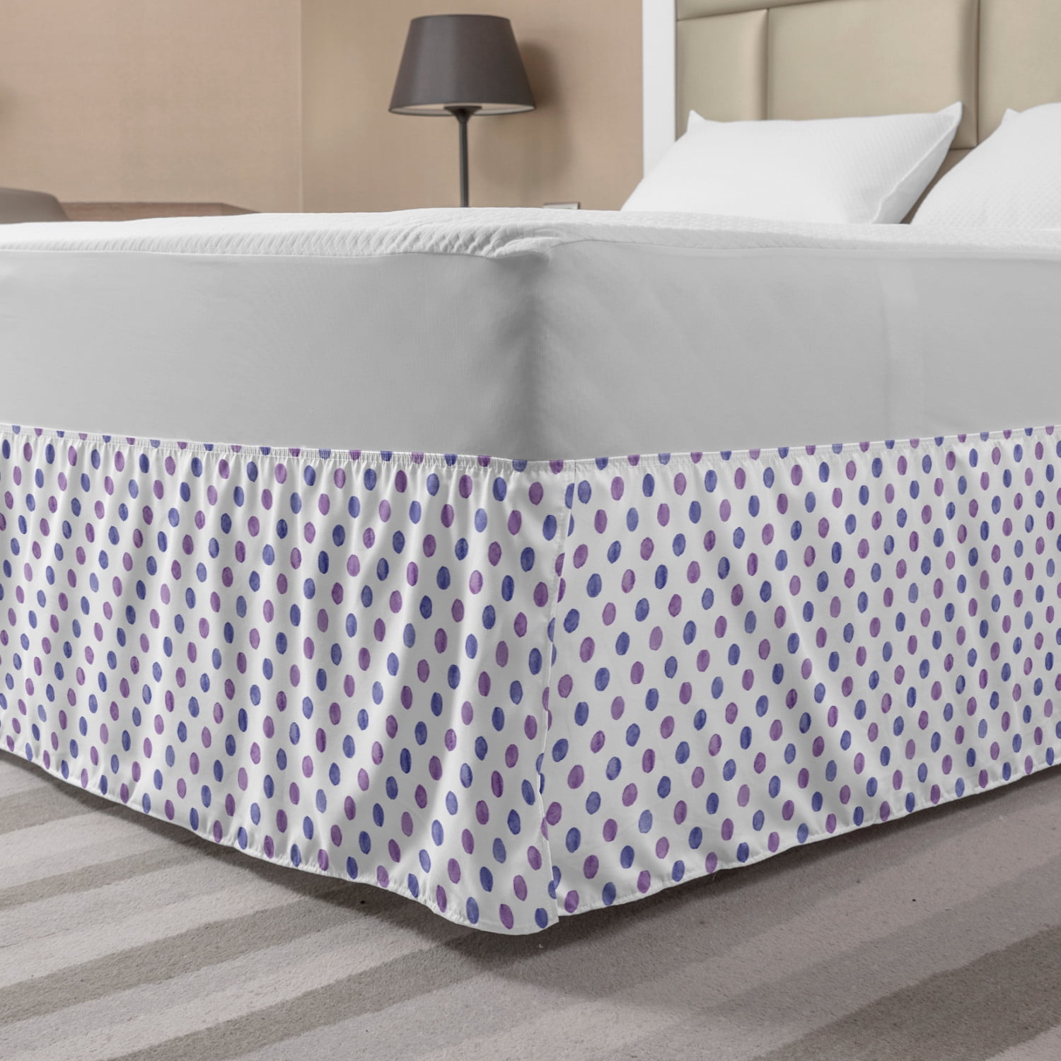 Purple Bed Skirt, Watercolor Paint Style Nostalgic Retro Style Polka