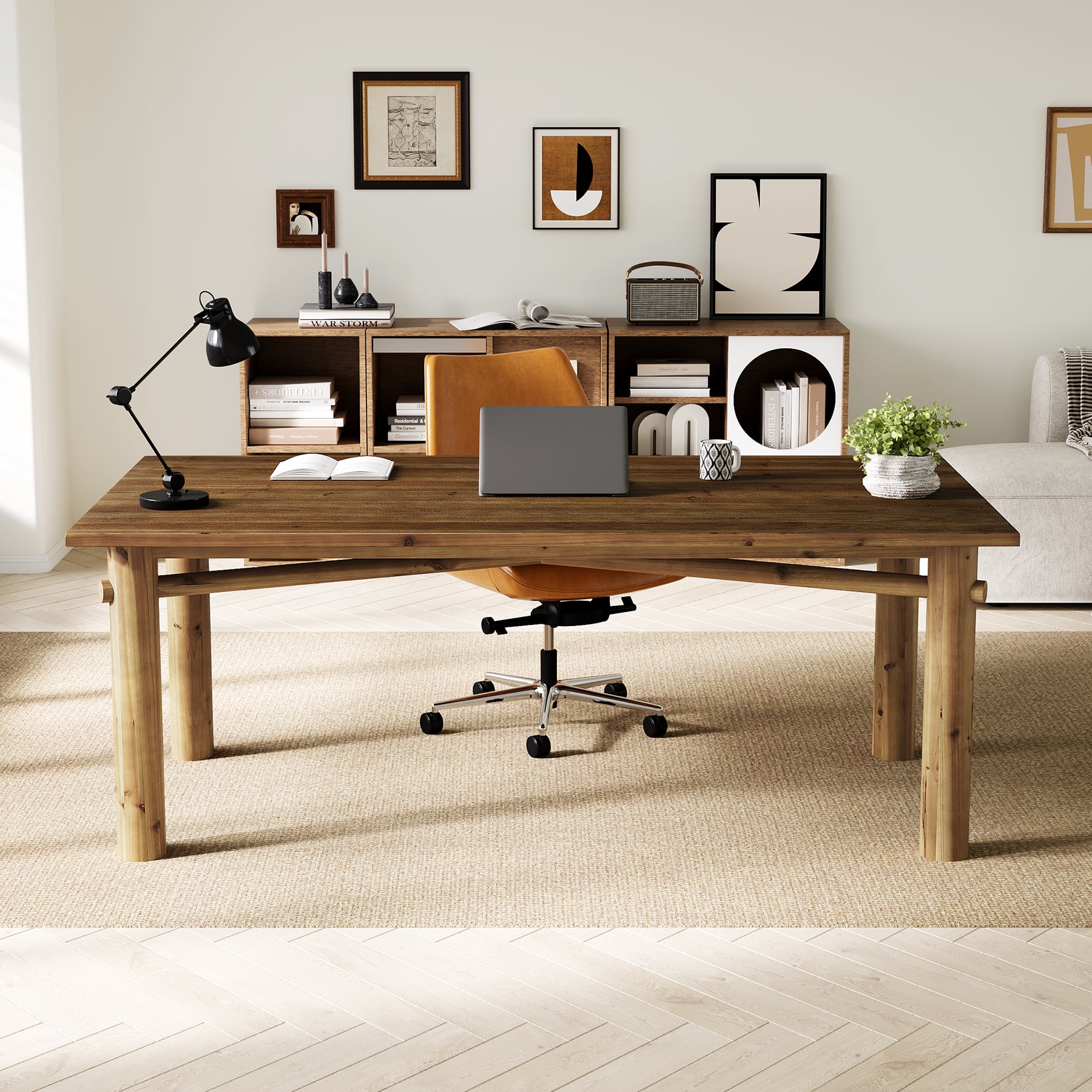 Finmind Solid Wood Computer Desk, 62.99 Inch Large Farmhouse Executive Desk for Office, Home, Study Room, Brown