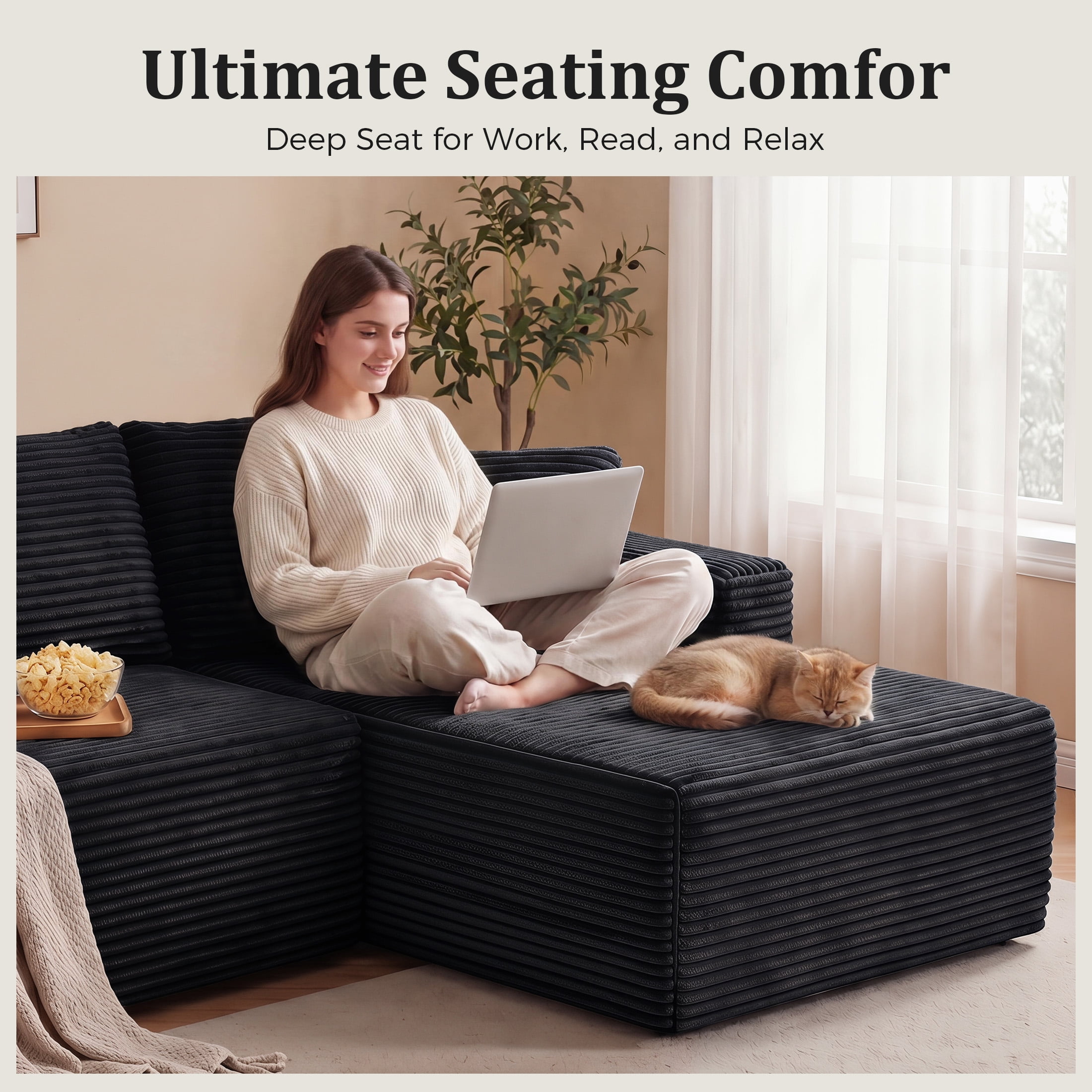 Aenkyo 95 Inch Corduroy L-Shaped Modular Sectional Sofa, Right Chaise, Black