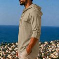 thumbnail image 4 of Hoodie Long Sleeve Shirts for Men Cotton Linen Solid Color Buttons Drawstring Casual Top Summer Vintage Fashion Comfort Loose Pullover Shirt, 4 of 5