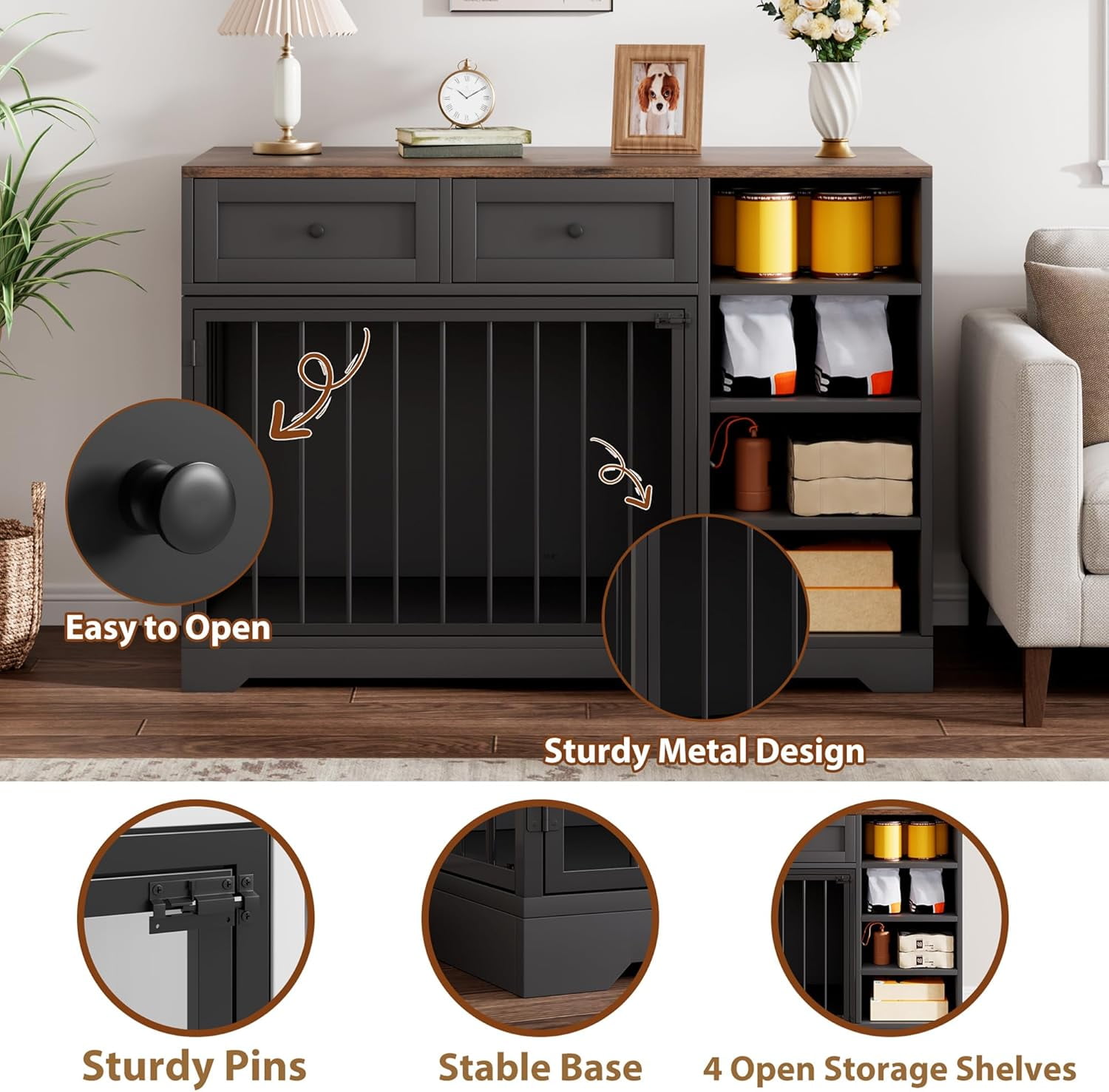 Homhougo Dog Crate Furniture 47”, Large Dog Crate TV Stand with 2 Drawers and 4 Shelves, Wooden Dog Kennel Indoor, Decorative Dog Cage with Storage for Large Dogs, Black