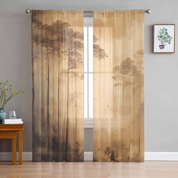 Brown Forest Sheer Curtains 72 Inch Length 2 Panels Set for Living Room/Bedroom, Tree Retro Farmhouse Mysterious Semi Curtain Sheers Drapes Rod Pocket Curtains Window Treatment Set 52''x72''x2