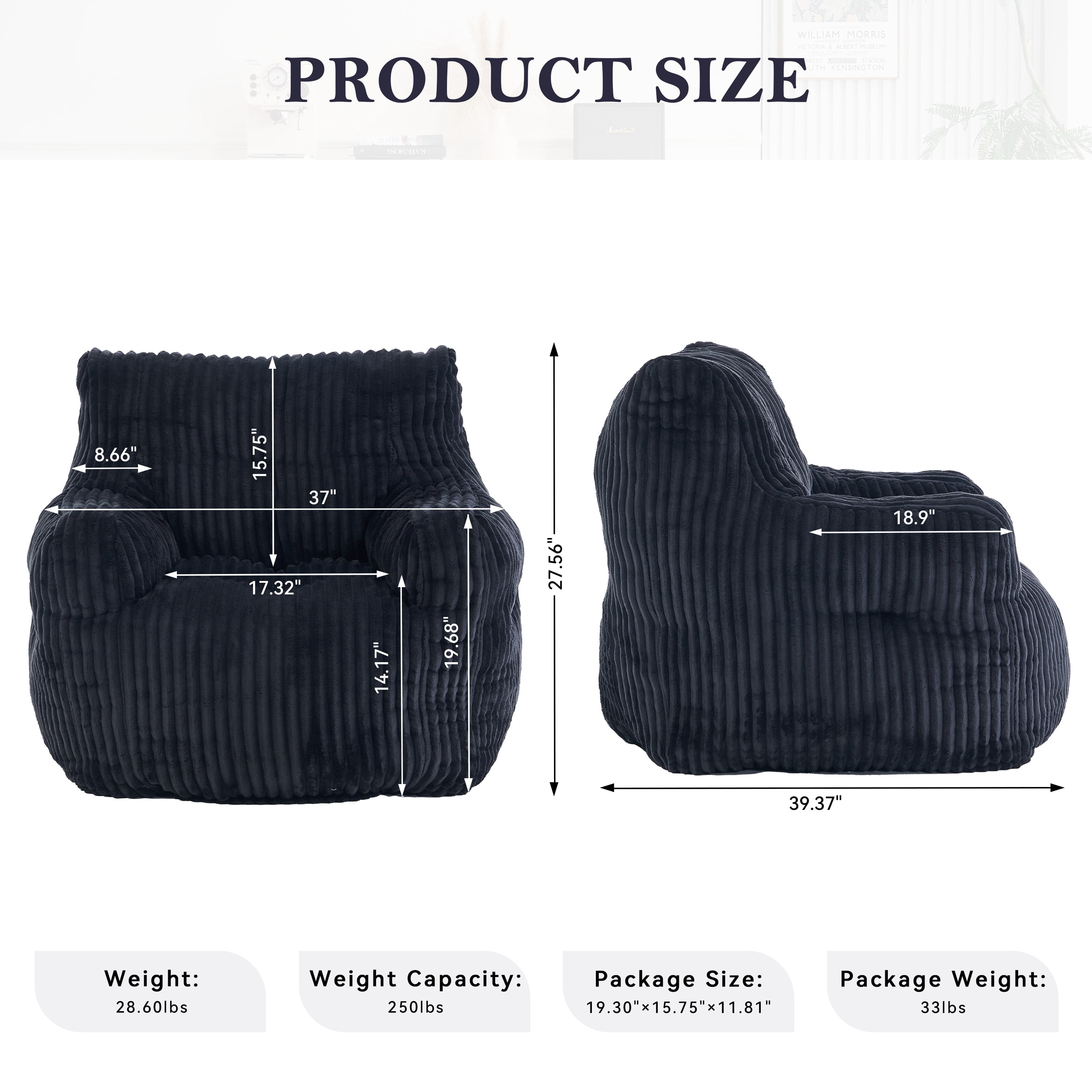 Soft Fluffy Corduroy Fabric Bean Bag Chair Filled With Memory Sponge,Black