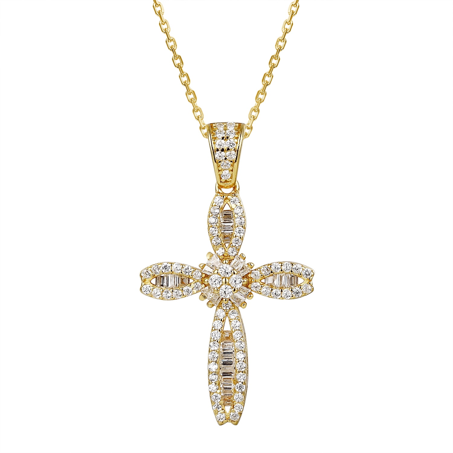 Infinity Solitaire Cross Pendant 925 Silver Necklace Unique Gold Tone Simulated Diamond