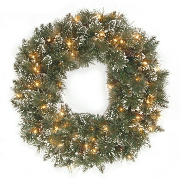 National Tree Company Pre-Lit Artificial Christmas Wreath, Green, Glittery Bristle® Pine,  Silver Glitter Bristle, Pine Cones, 50 Clear Lights, 24 Inch
