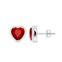 Rosec Jewels Heart Shape Created Ruby Stud Earrings with Moissanite Halo (AAAA Grade) - 8 mm, 10K White Gold