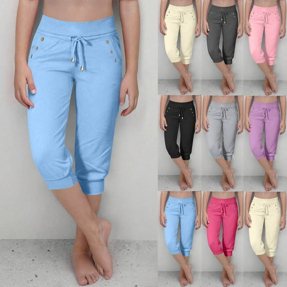 Miluxas Capri Pants for Girl High Waisted Drawstring Joggers Stretch Lightweight Casual Hiking Pant Capri with Pockets Purple 14 Years