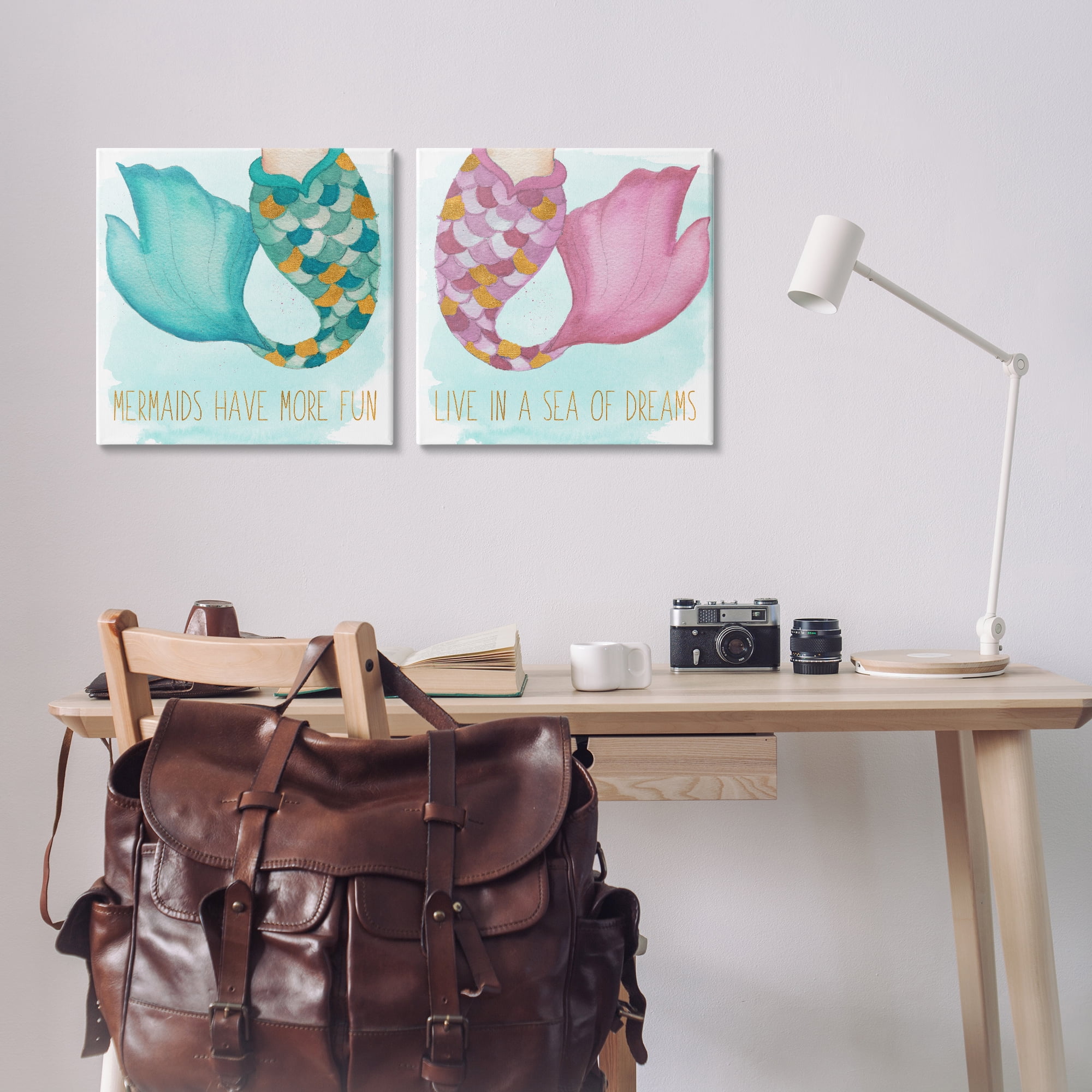 Stupell Industries Fun Mermaid Tails Fantasy & Sci-Fi Painting Wrapped Canvas Art Print Wall Art, 17 x 17, Set of 2