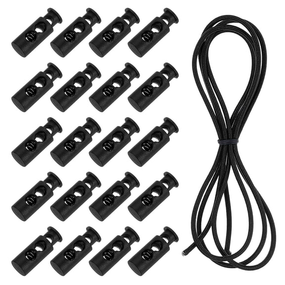 25 Pack Double Hole Cord Locks with Elastic Cord, Black