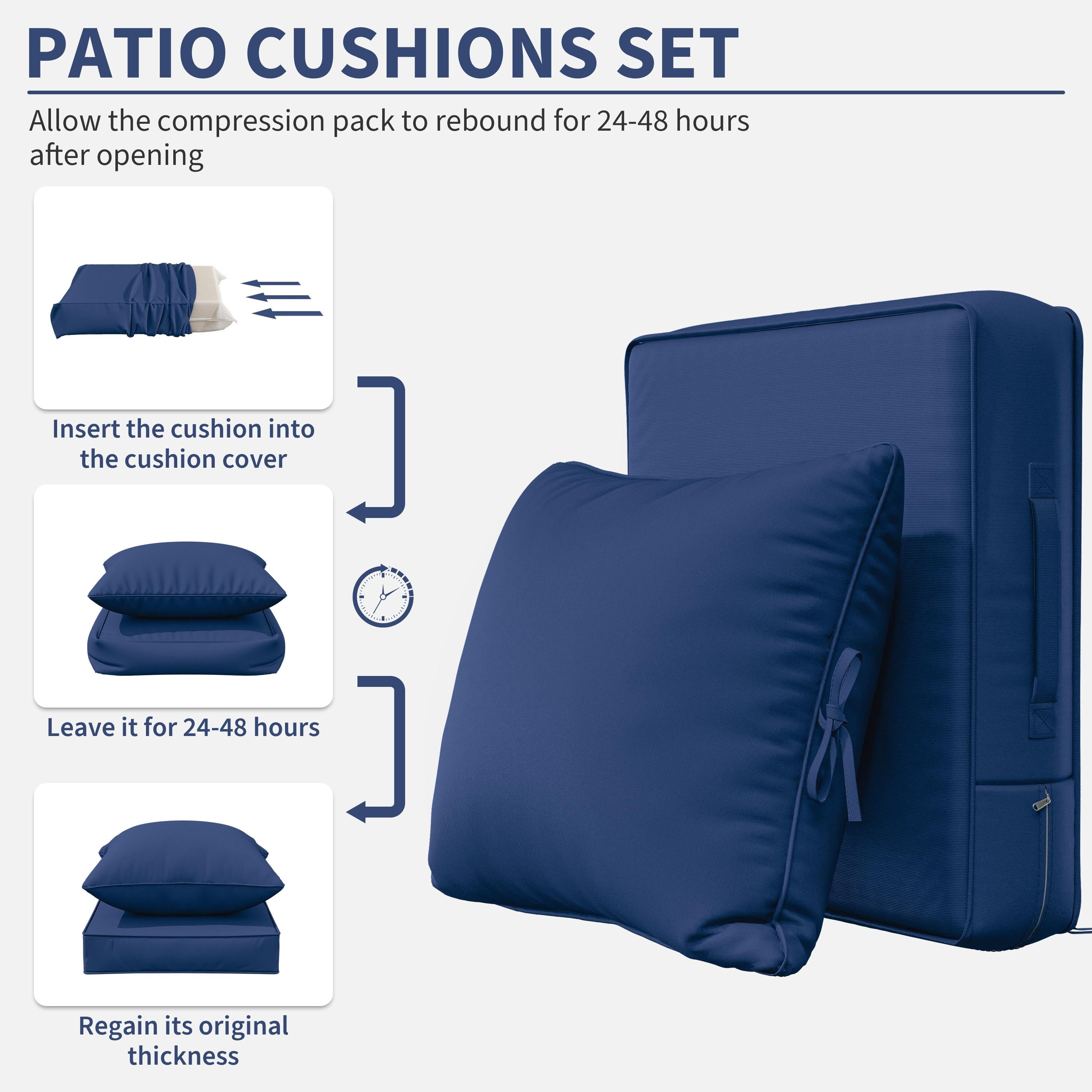 Kimunuk Outdoor Seat Cushion Set, 22" X 24" X 4" Water-Resistant & Fade-Resistant Patio Furniture Replacement Cushions with Handle and Straps for Sofa Chair, Blue