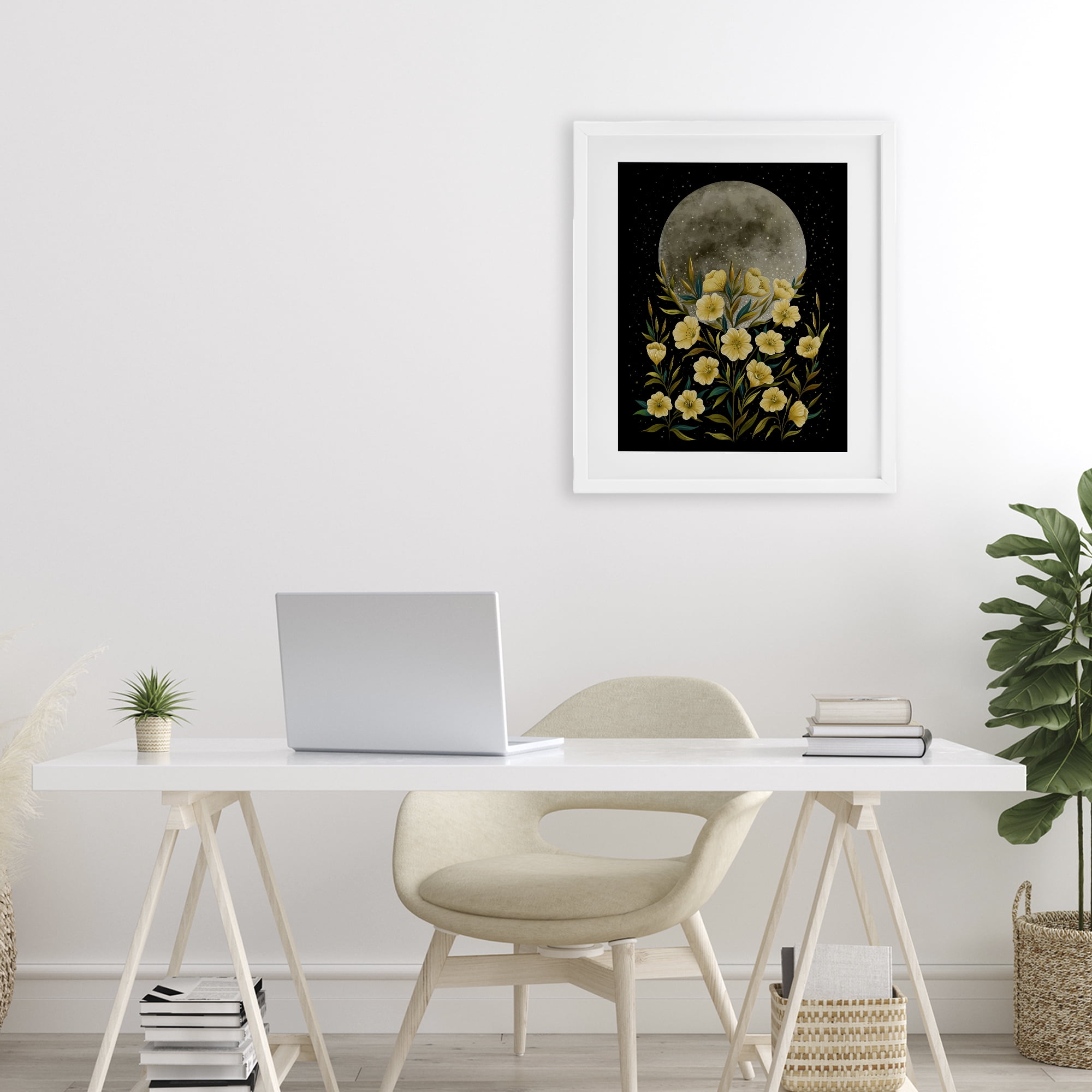 Stupell Industries Moon Greeting Yellow Flowers White Framed Print Under Glass, design by Episodic Drawings