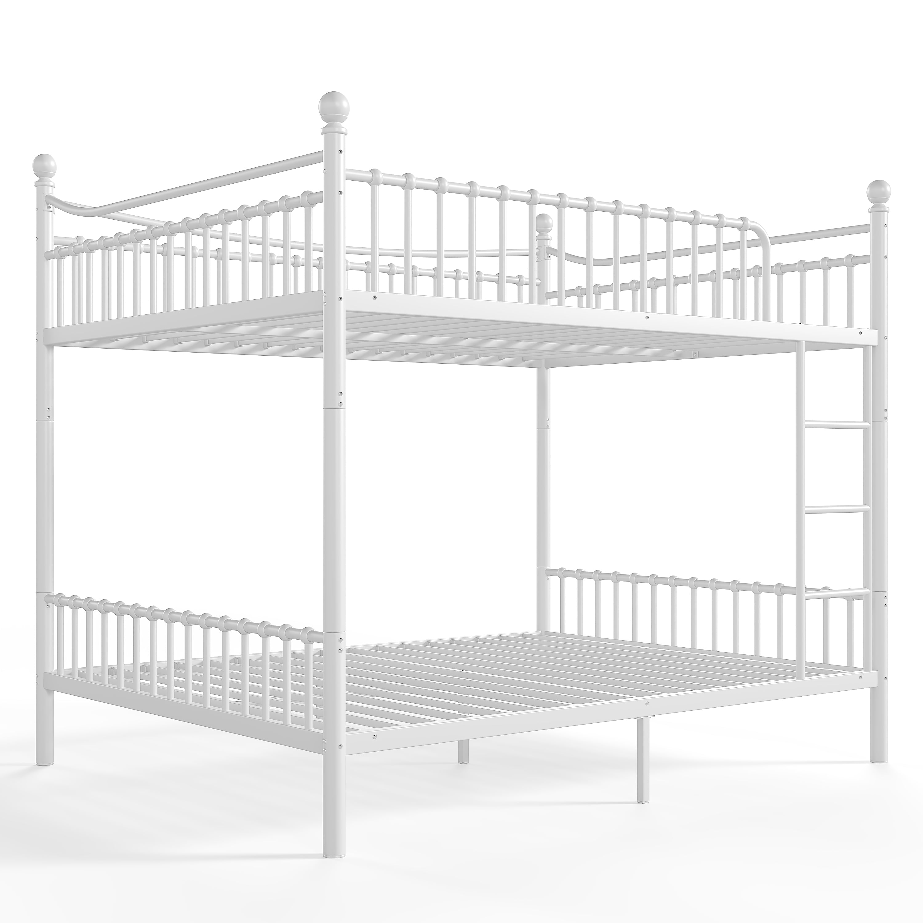 Queen Over Queen Metal Bunk Bed 87.8 Inch, Curved Guardrail Round Tube Frame for Kids Teens Adults, No Box Spring Needed, White