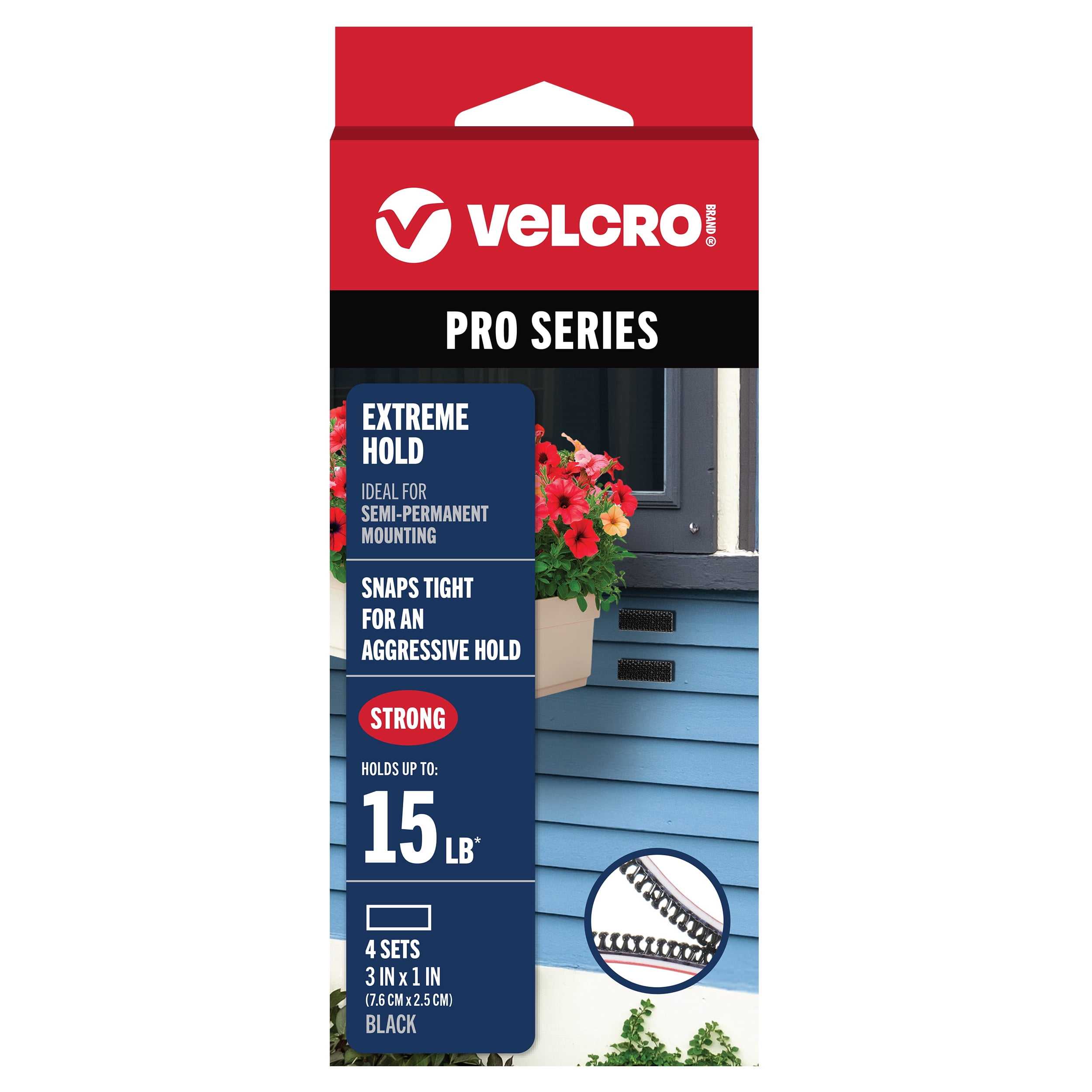 VELCRO® Brand PRO Series Extreme Hold Hook and Loop Strips, Black, 3 in x 1 in, Holds up to 15 lbs, 4 Count