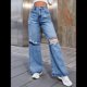 thumbnail image 4 of Pantalones Vaqueros Rotos de Cintura Alta para Mujer, Desgastados, Holgados, Rectos y de Pierna Azul Medio M, 4 of 10