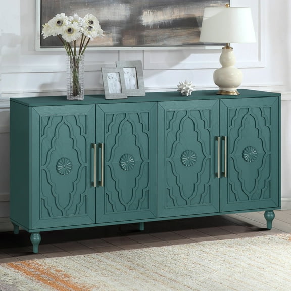 Gzxs 63" Large Wooden Sideboard with Carved Flower Doors and Metal Handles, Modern Storage Cabinet with Adjustable Shelves for Living Room, Kitchen, Entryway (Navy Blue)