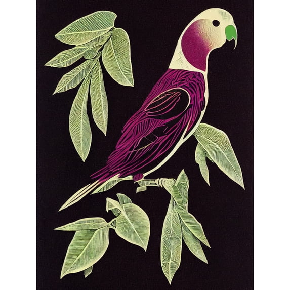 Modern Vibrant Magenta Purple Parrot On Tree Branch Linocut Illustration Black Plum Large Wall Art Poster Print Thick Paper 18X24 Inch