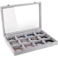 thumbnail image 1 of Organizador de joyas, caja de almacenamiento de 12 rejillas con tapa de metal, caja de almacenamiento de joyas para relojes, anillos, aretes, pulseras, color gris, 1 of 5