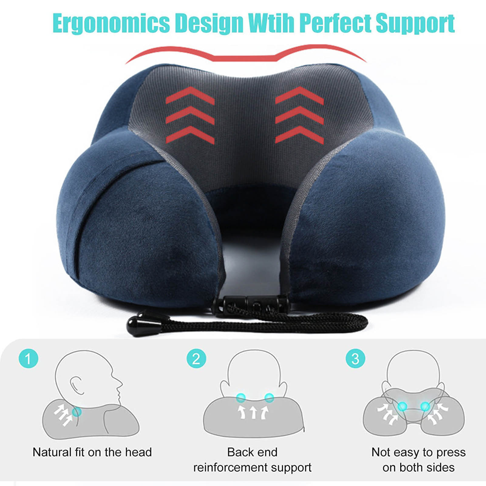 Travel Pillow Luxury Memory Foam Neck & Head Support Pillow Soft Sleeping Rest Cushion for Airplane Car & Home Best Gift (Navy Blue) - image 2 of 7