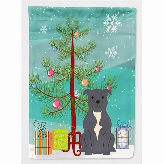 Carolines Treasures BB4171CHF Merry Christmas Tree Staffordshire Bull Terrier Blue Flag Canvas House Size